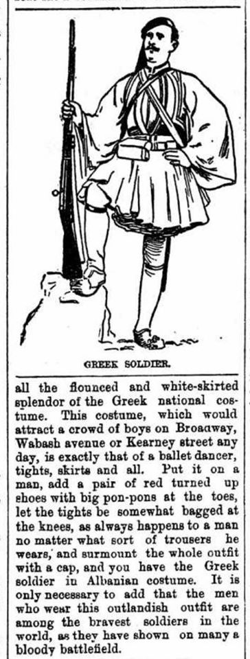 Извештај на американскиот весник од 1894 година - грчката национална носија е по потекло албанска. Гринвил Тајмс, САД, 31 март 1894 година