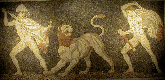 Mosaic from Bellas, Krater and the Vasileon Makedonon Alexandroy on a lion hunt